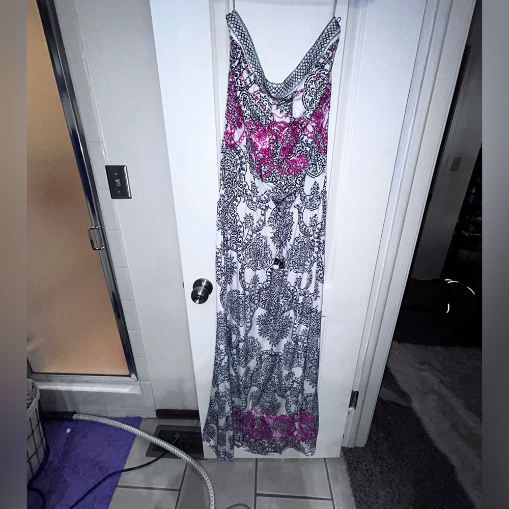 Hale Bob Strapless Maxi Dress White with Black and Pink Print